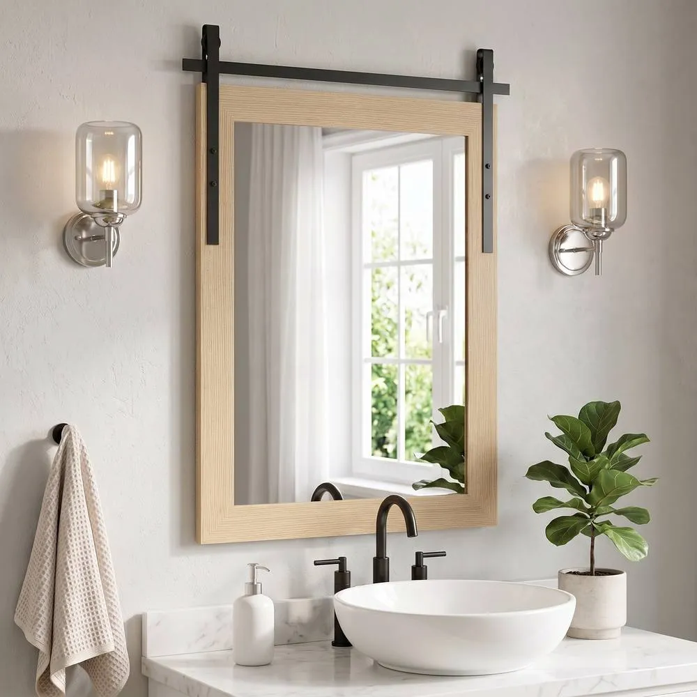 HOMCOM Farmhouse Rectangle Mirror, 86.5 x 61 cm, White Oak in Natural 2