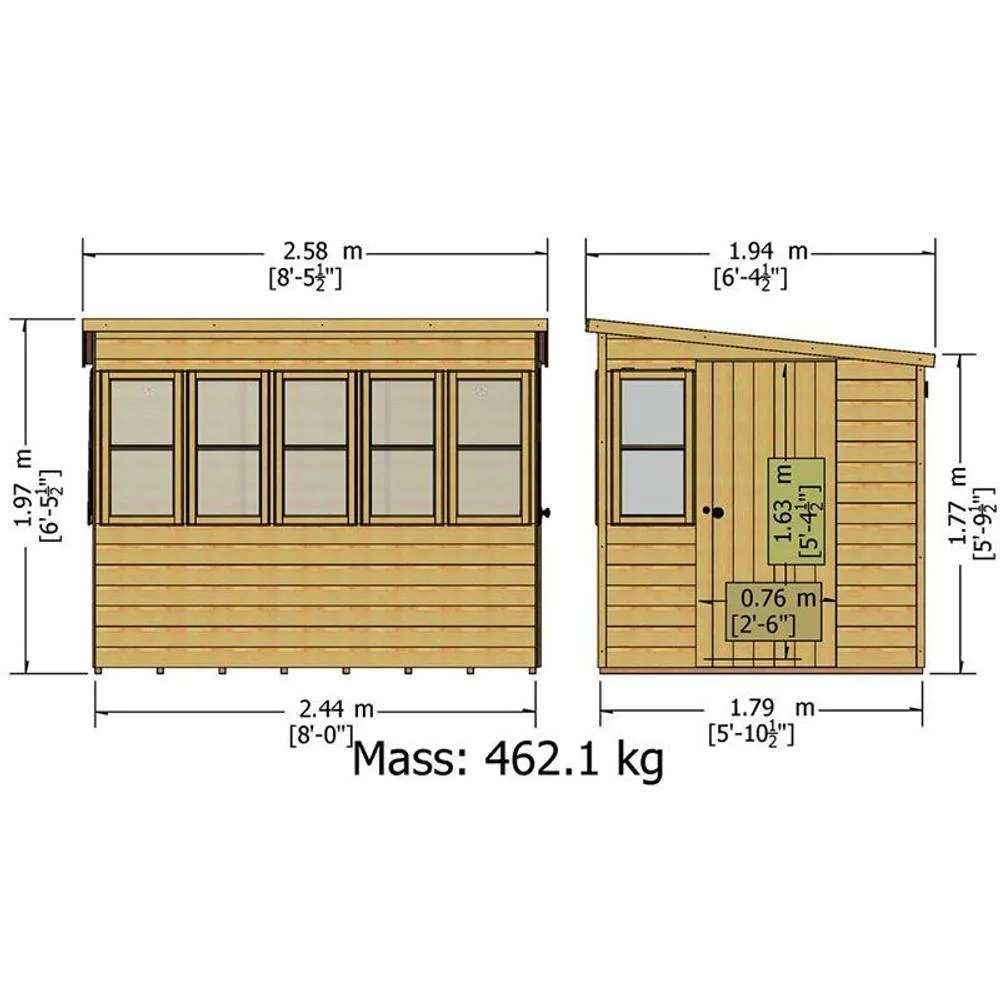 Shires Sun Pent 8x6' Single Door with 7 Windows Wooden Garden Potting Shed in Brown 4