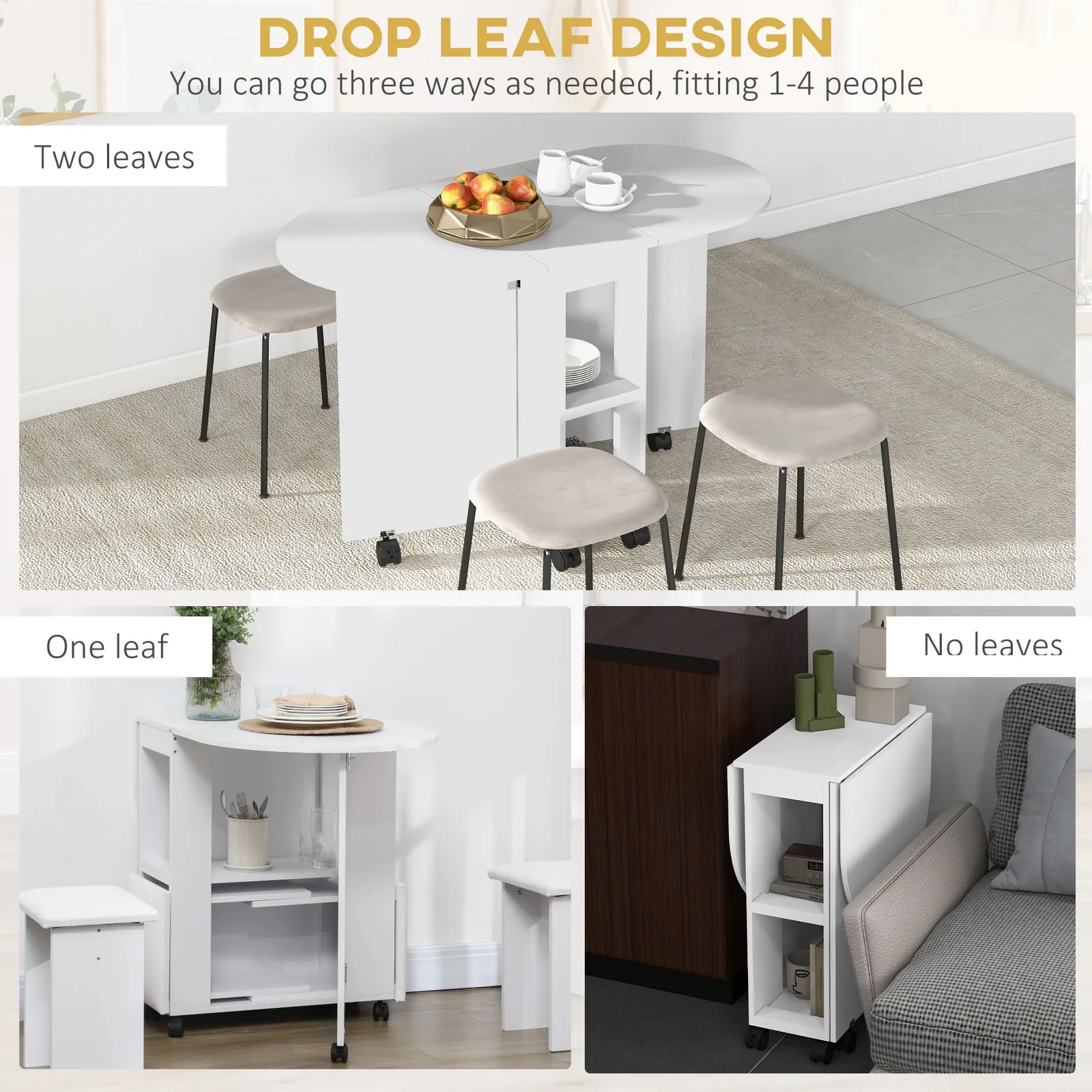 HOMCOM Folding Dining Table for Small Spaces with 2-tier Shelves White 4