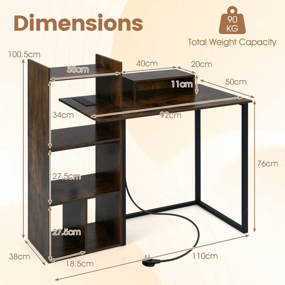 Costway 110CM Computer Desk Study Desk w/ Monitor Stand & Charging Station in Brown 2