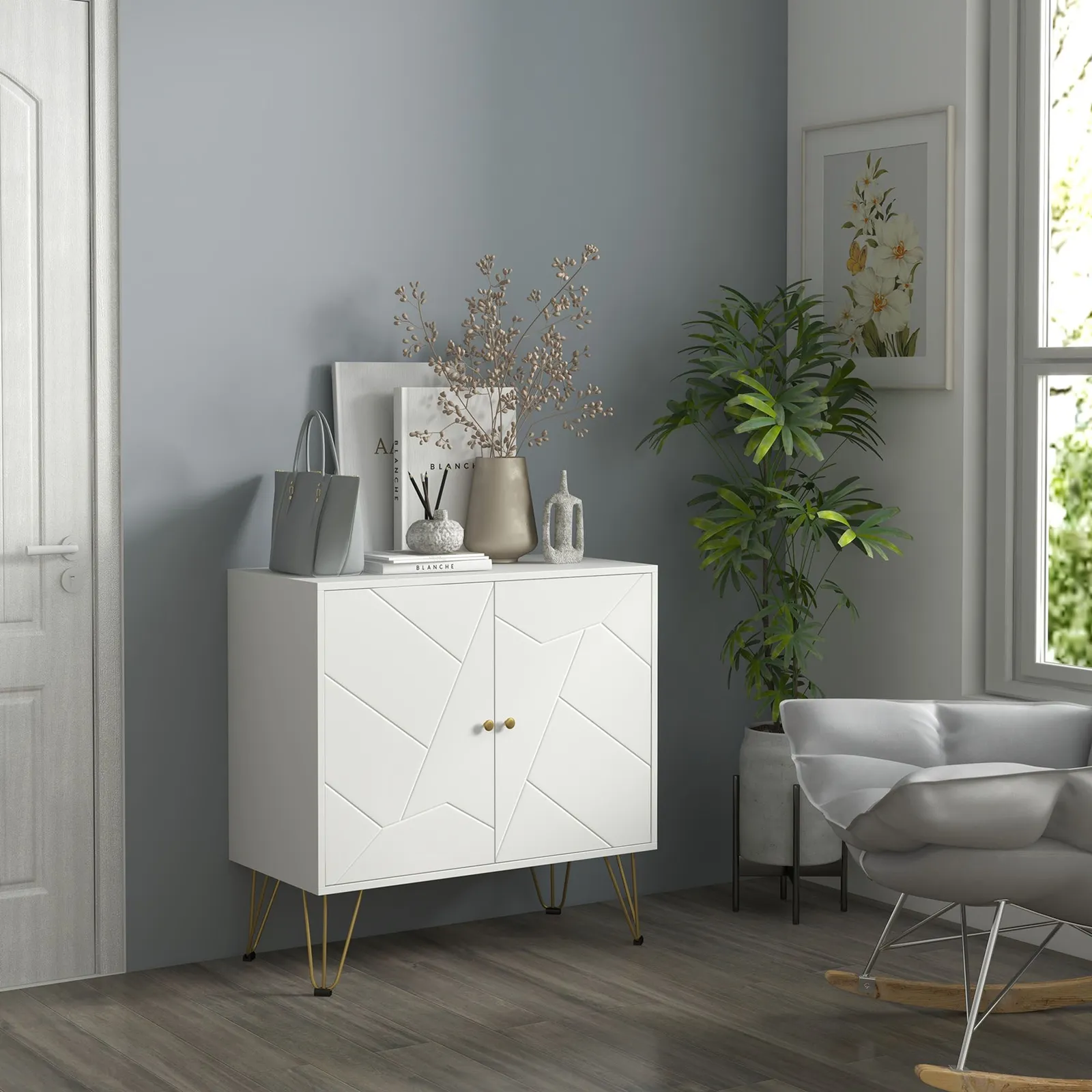 HOMCOM Modern Storage Cabinet with 2-tier Door Cupboard & Golden Hairpin in White