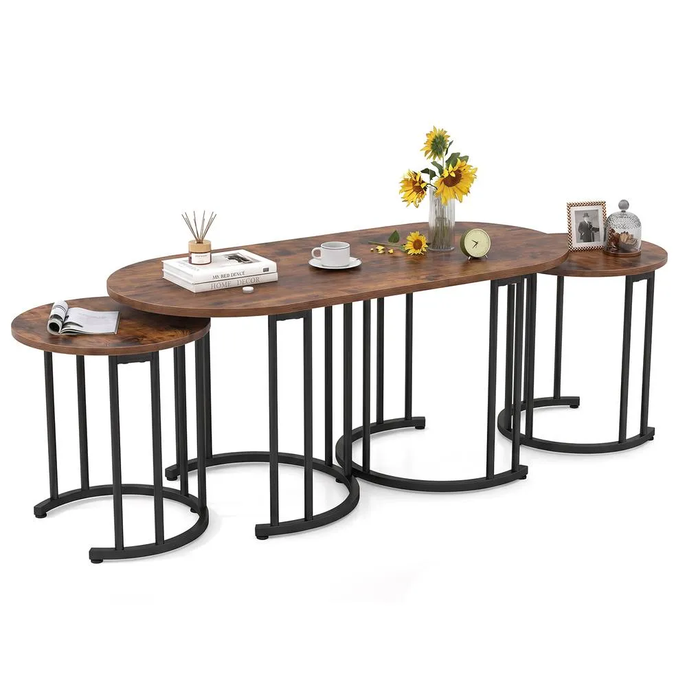 Costway 3PCS Nesting Coffee Table Set 110cm Coffee Table w/ 2 Side Tables in Brown