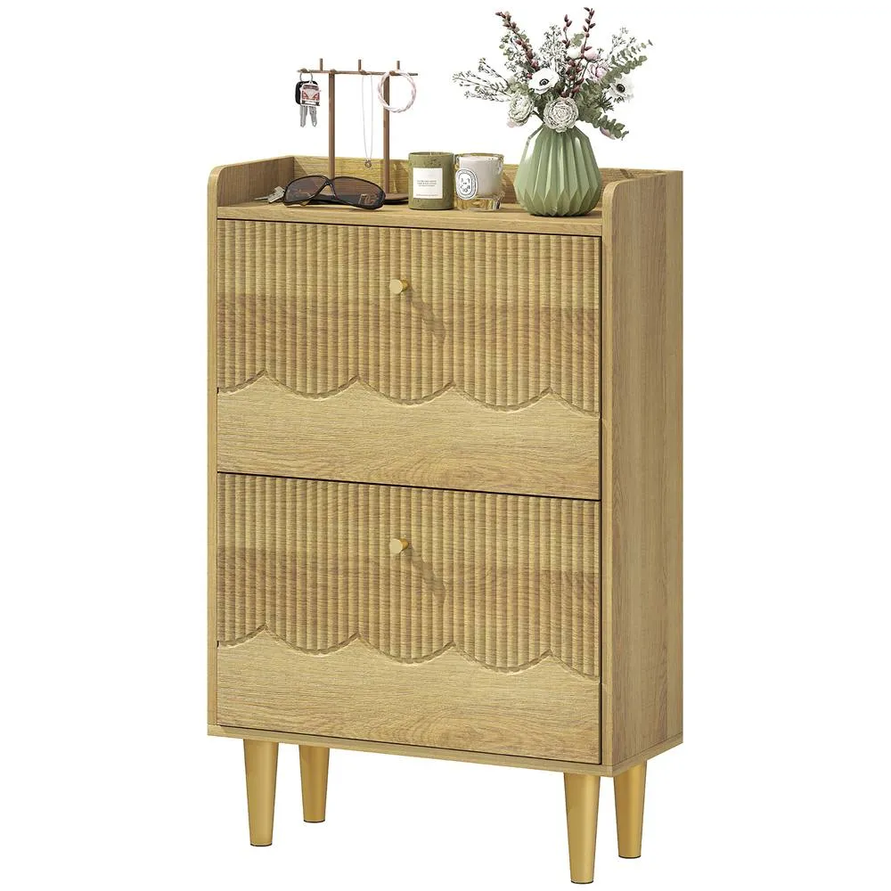 HOMCOM Narrow Shoe Cabinet, Shoe Storage Cabinet with 2 Flip Drawers, Oak in Natural