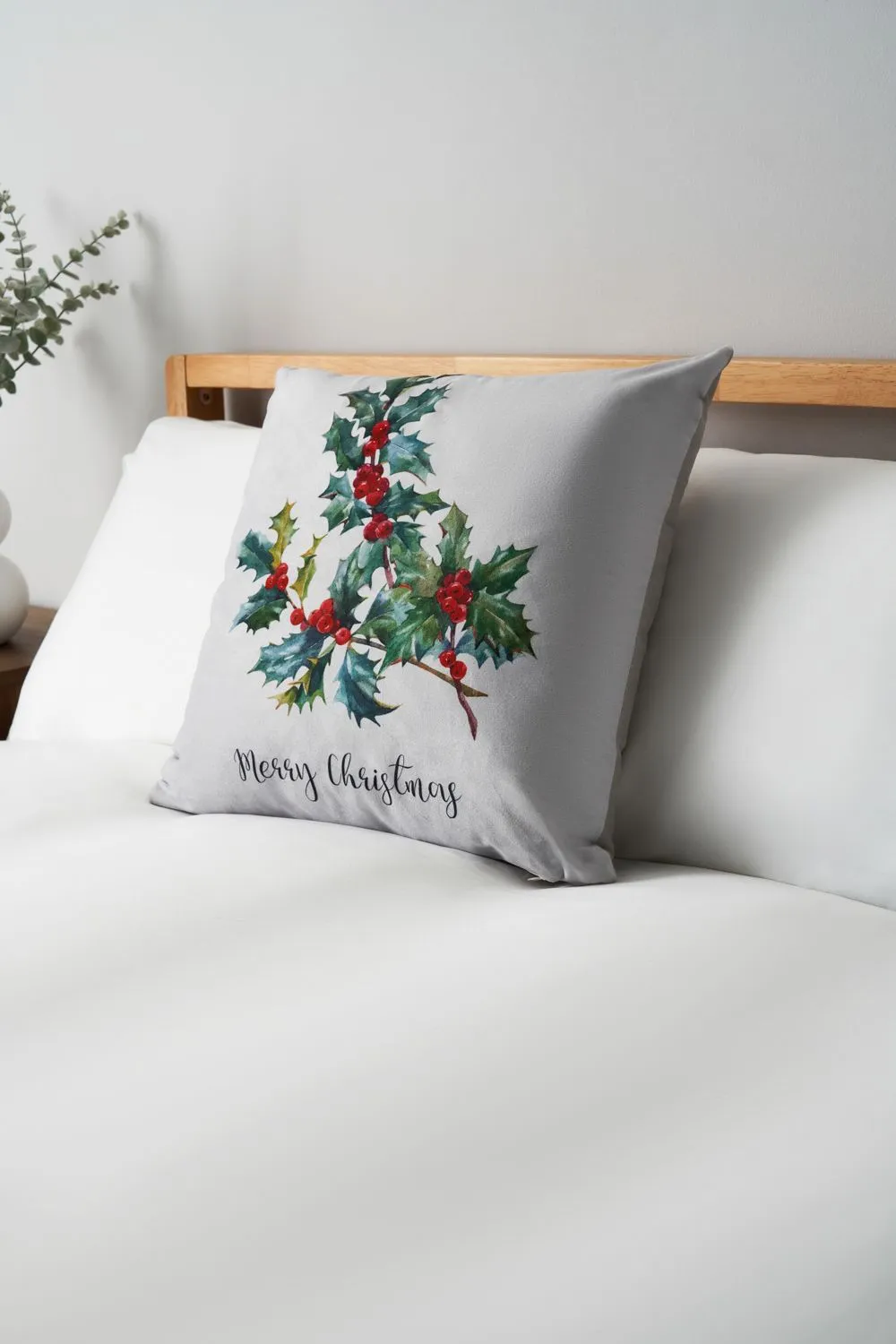 BHS Christmas Holly Print Cushion in Green