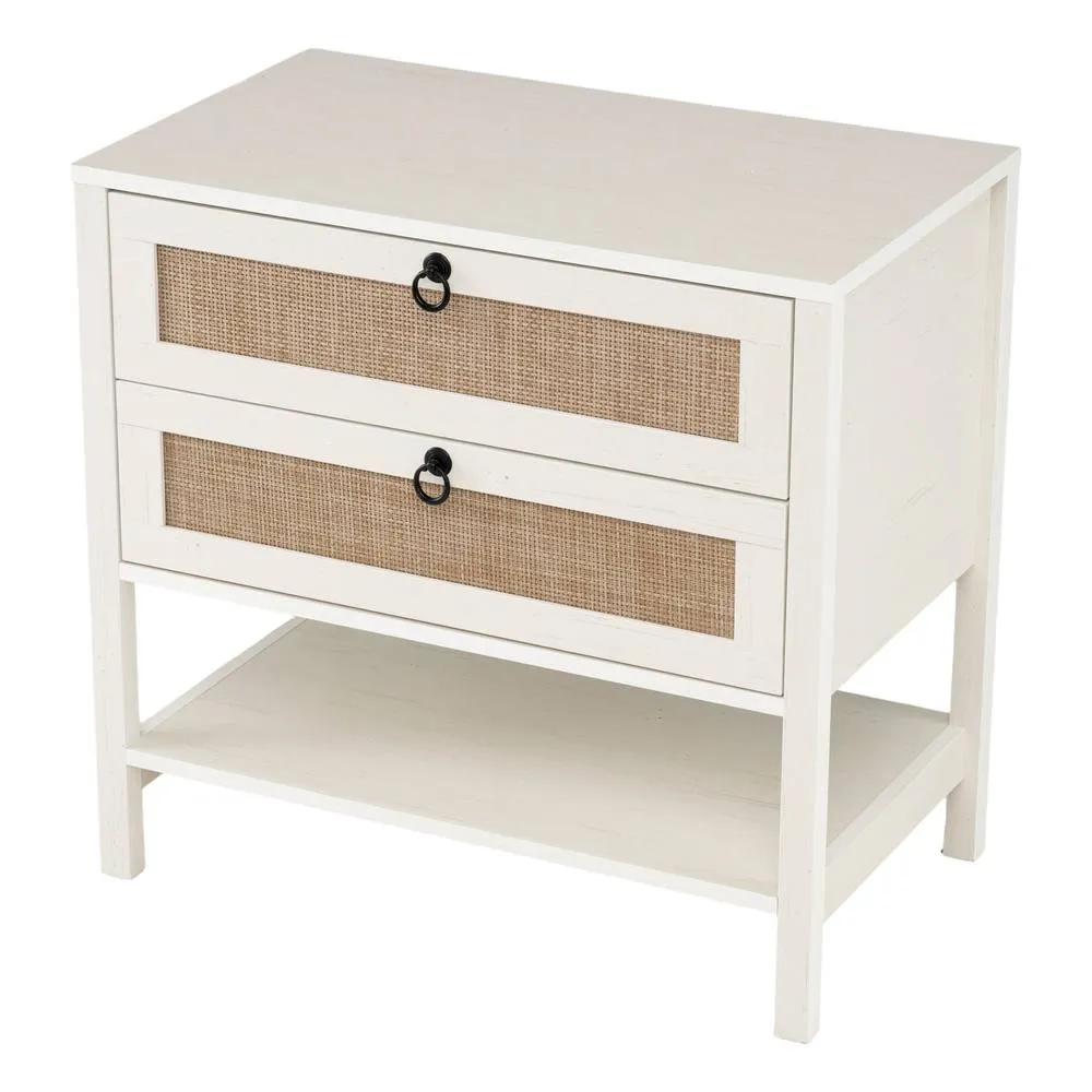 Costway Rattan Bedside Table with 2 Drawers 68cm Wide Boho Nightstand Oak Effect in White 5