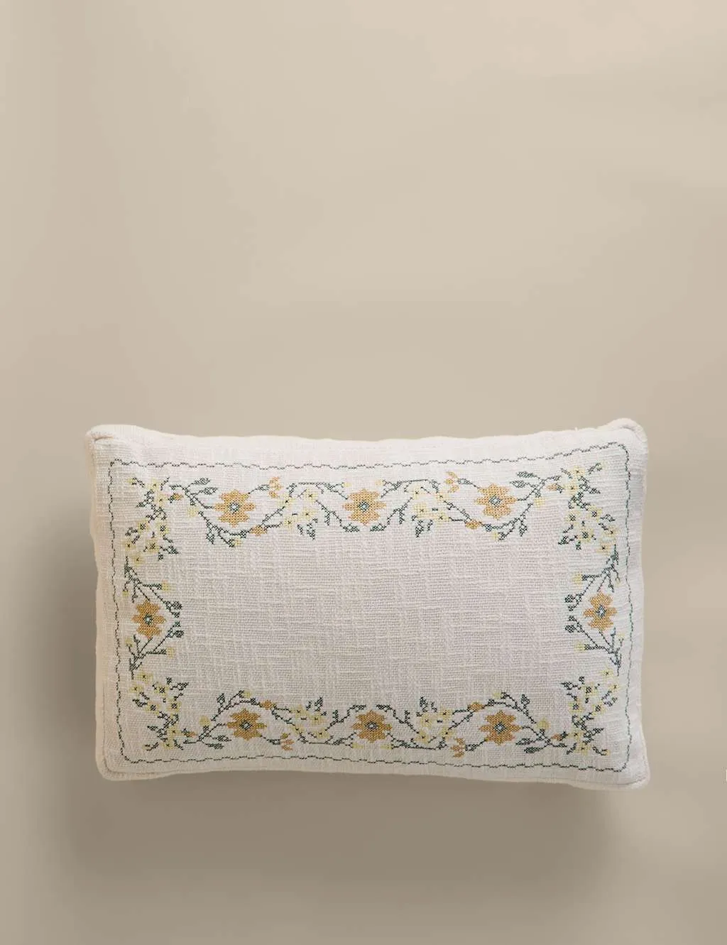 M&S Pure Cotton Floral Stitch Box Cushion Natural Mix