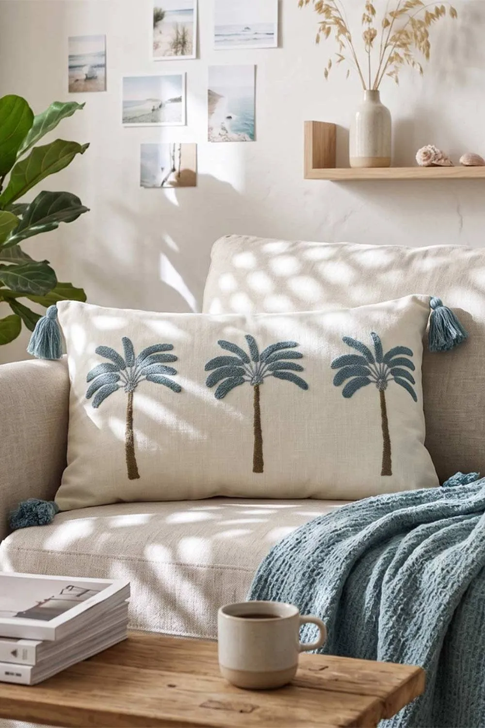 Homescapes White Embroidered Palm Cushion with Tassels, 30 x 50cm 5
