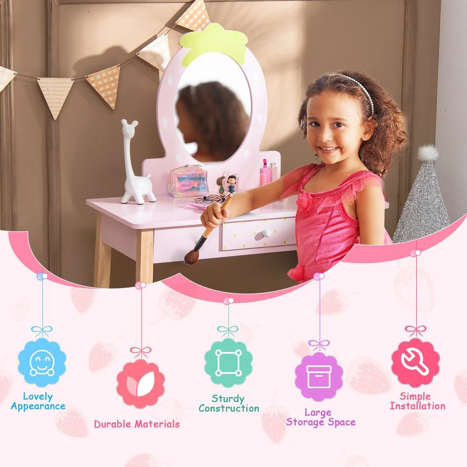 Costway 2in1 Vanity Set Wooden Vanity Set w/ Stool Mirror & Drawer in Pink 6