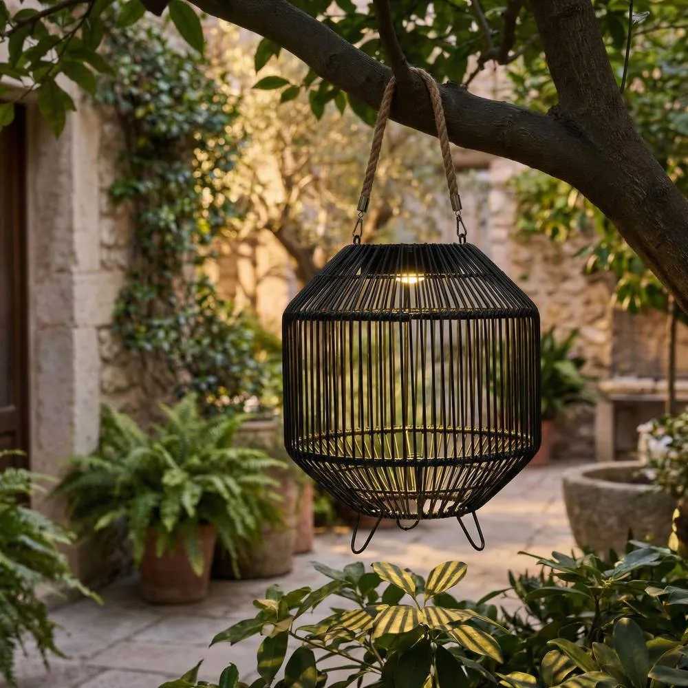 FurnitureboxUK Naples Black Rattan Hanging Solar Outdoor Lantern 6