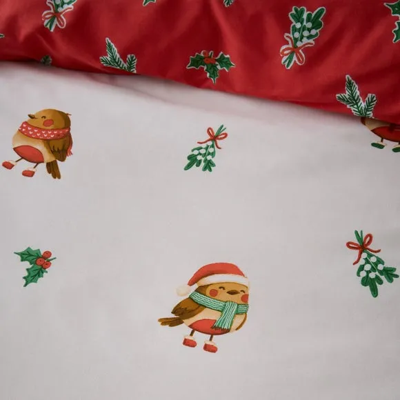 Catherine Lansfield Christmas Robins Polycotton Duvet Cover & Pillowcase Set 3
