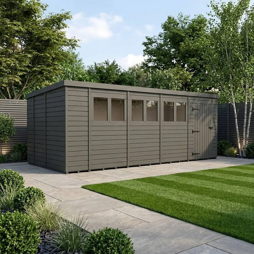 Buttercup Farm 18ft x 9ft Composite Pent Garden Shed Single Door With Windows in Grey 2