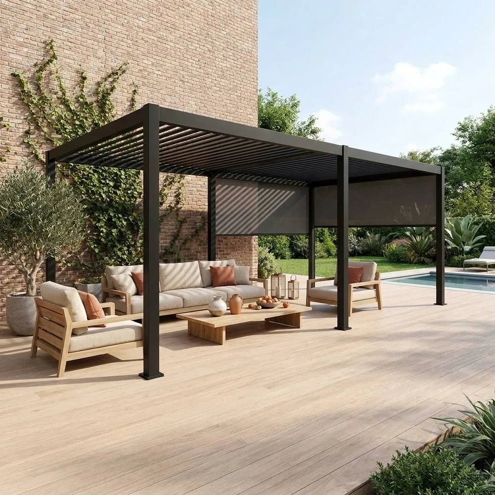 sweeek Louvered pergola aluminium 6 x 3m & 2 3m blinds in Dark Grey