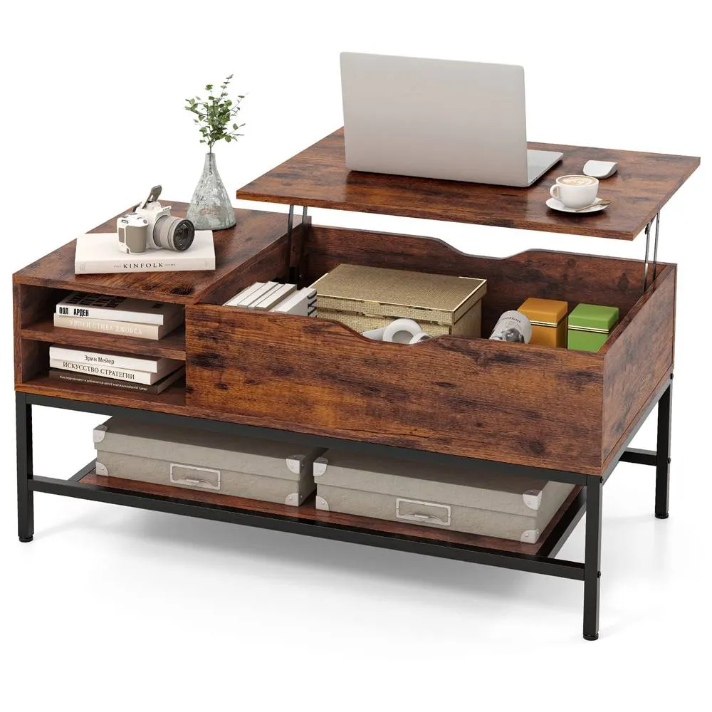Costway Lift Top Coffee Table Side Table Tea Table w/ Storage Shelf in Brown 3