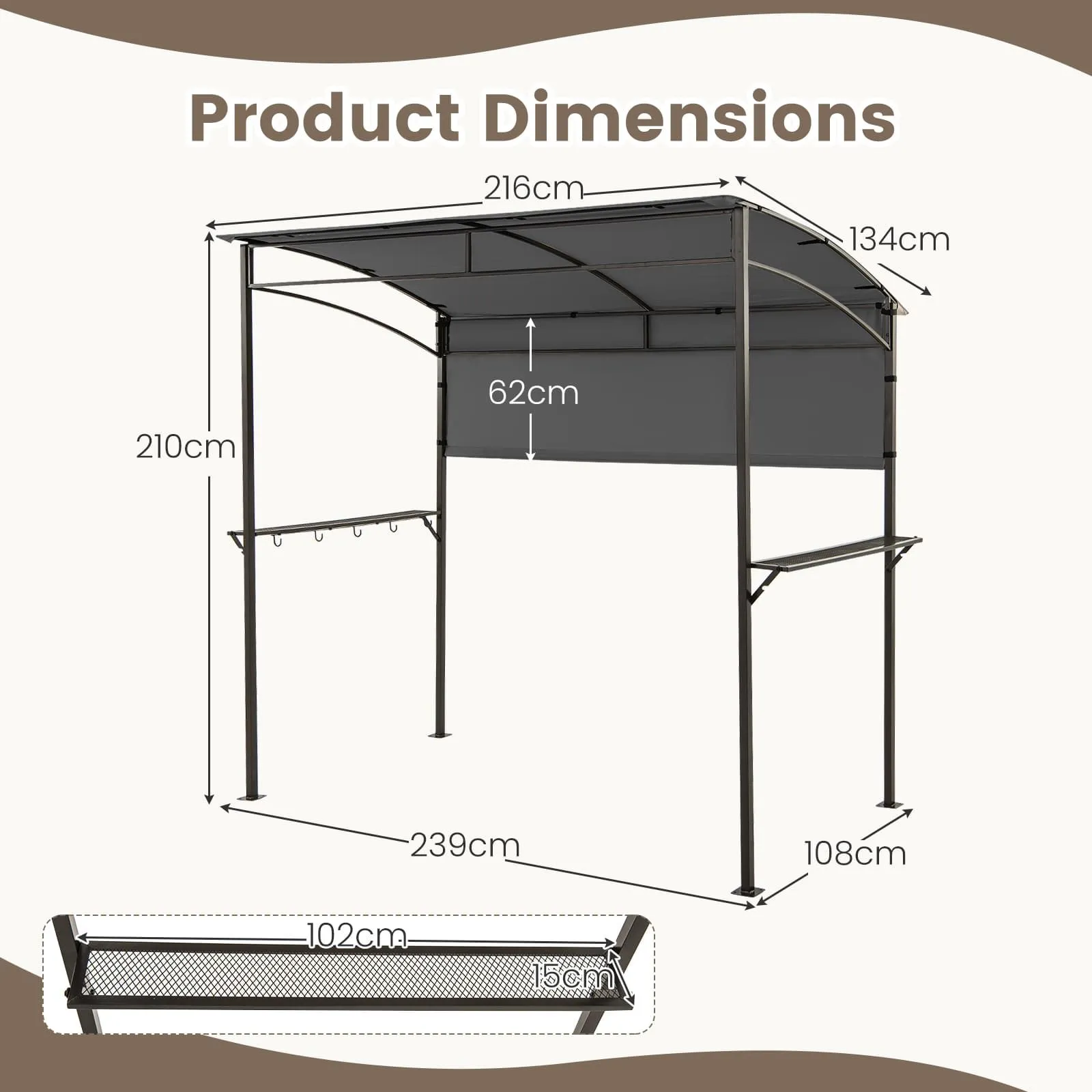 Costway 239 x 108 cm Grill Gazebo Outdoor Patio BBQ Canopy in Grey 2