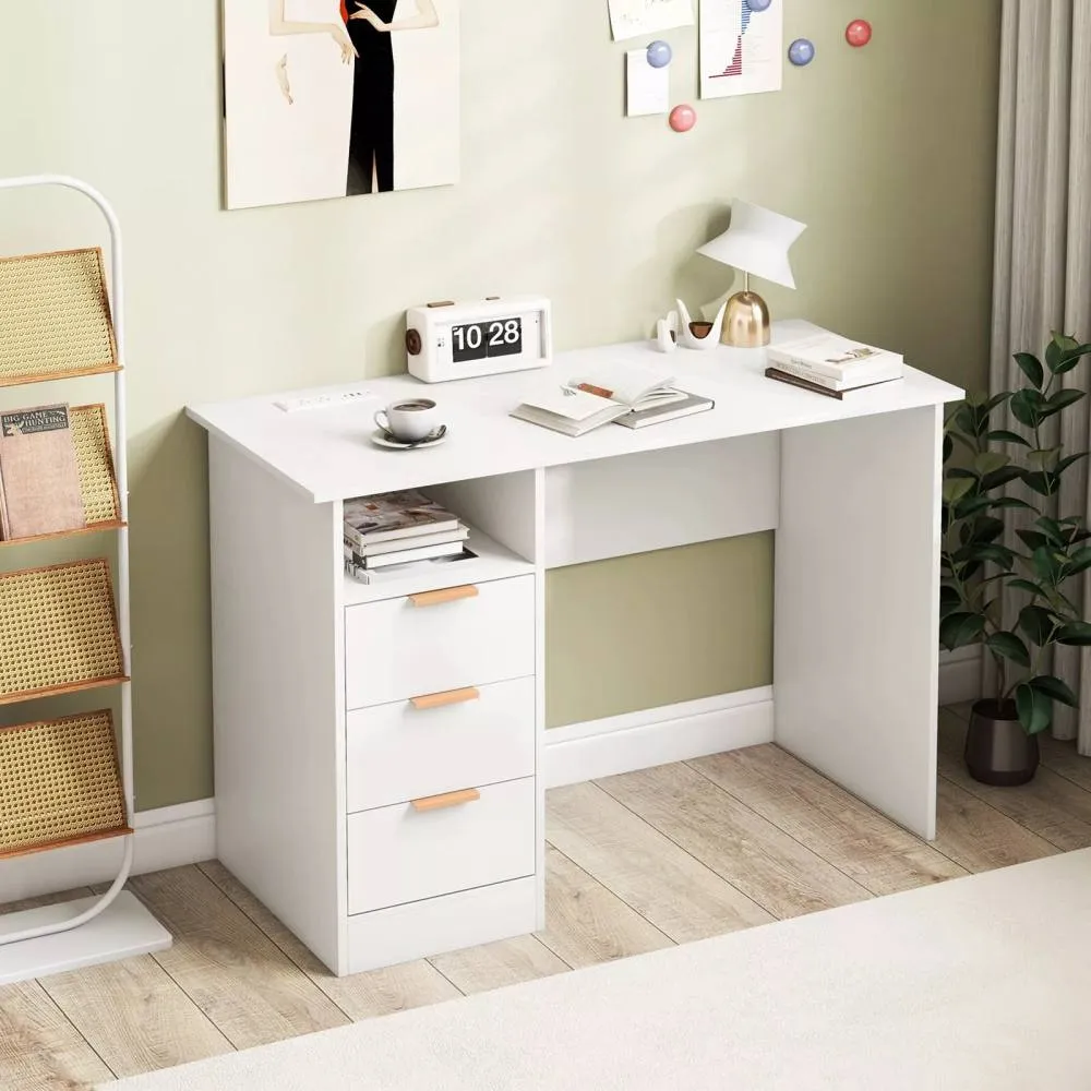 Costway Home Office Desk w/ Power Outlet Modern Computer Desk 3 Drawers Writing Table in White 6