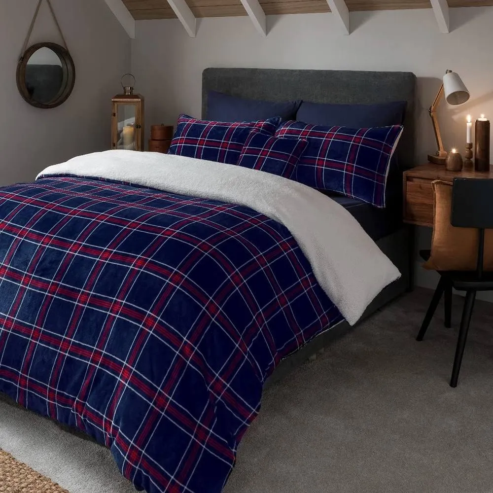 Smart Living Luxury Check Printed Flannel Fleece Duvet Cover with Pillowcases in Navy 2