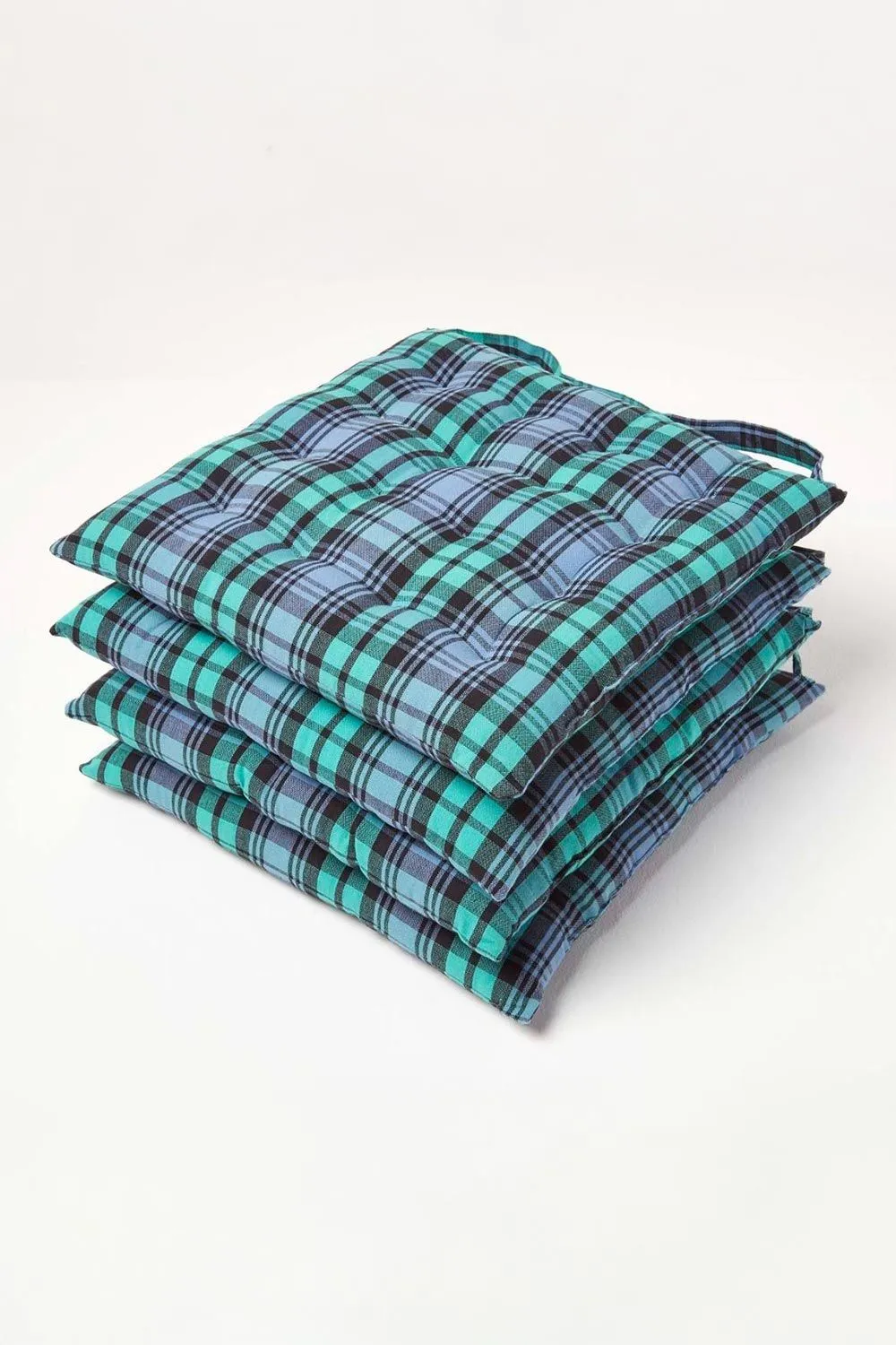 Homescapes 4 Pack Seat Pads Cotton Green Tartan Indoor Outdoor Garden Cushion, 40cm