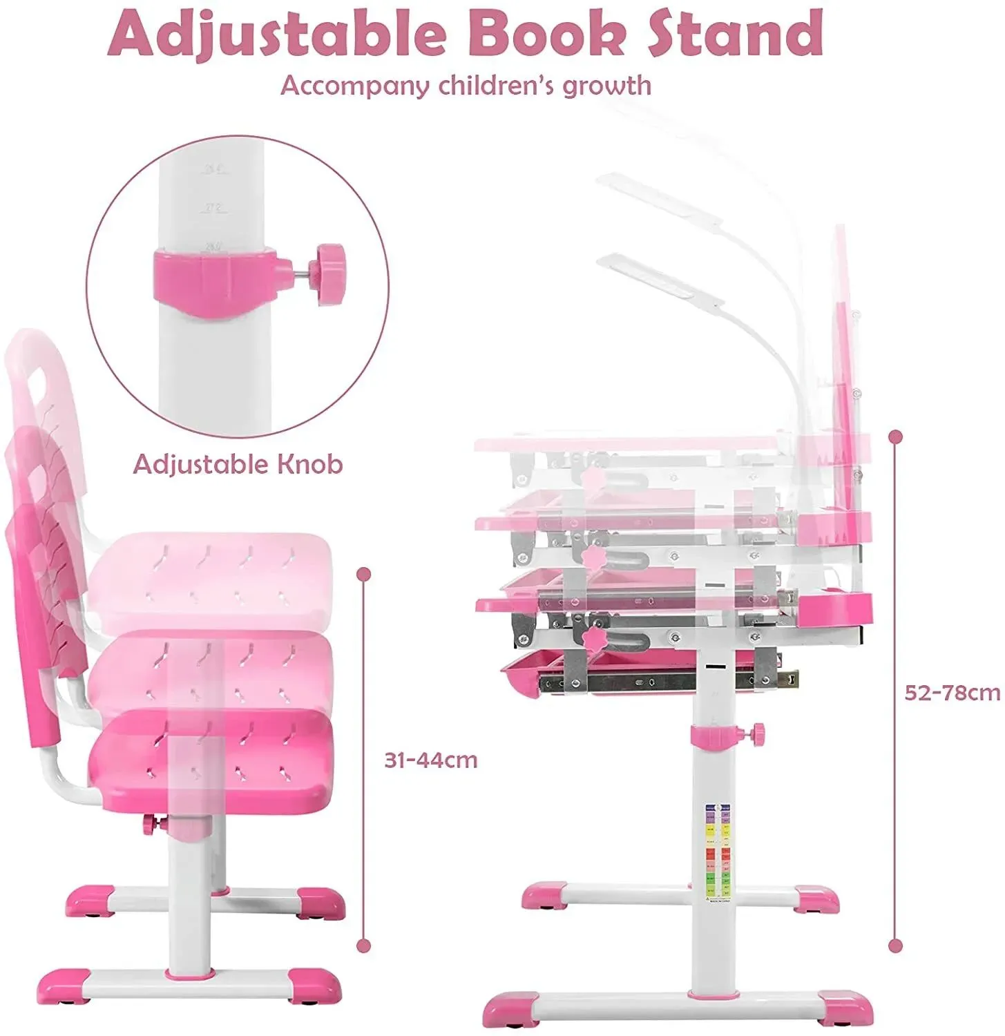 Costway Height Adjustable Study Table & Chair Set w/Book Stand & LED Light in Pink 3