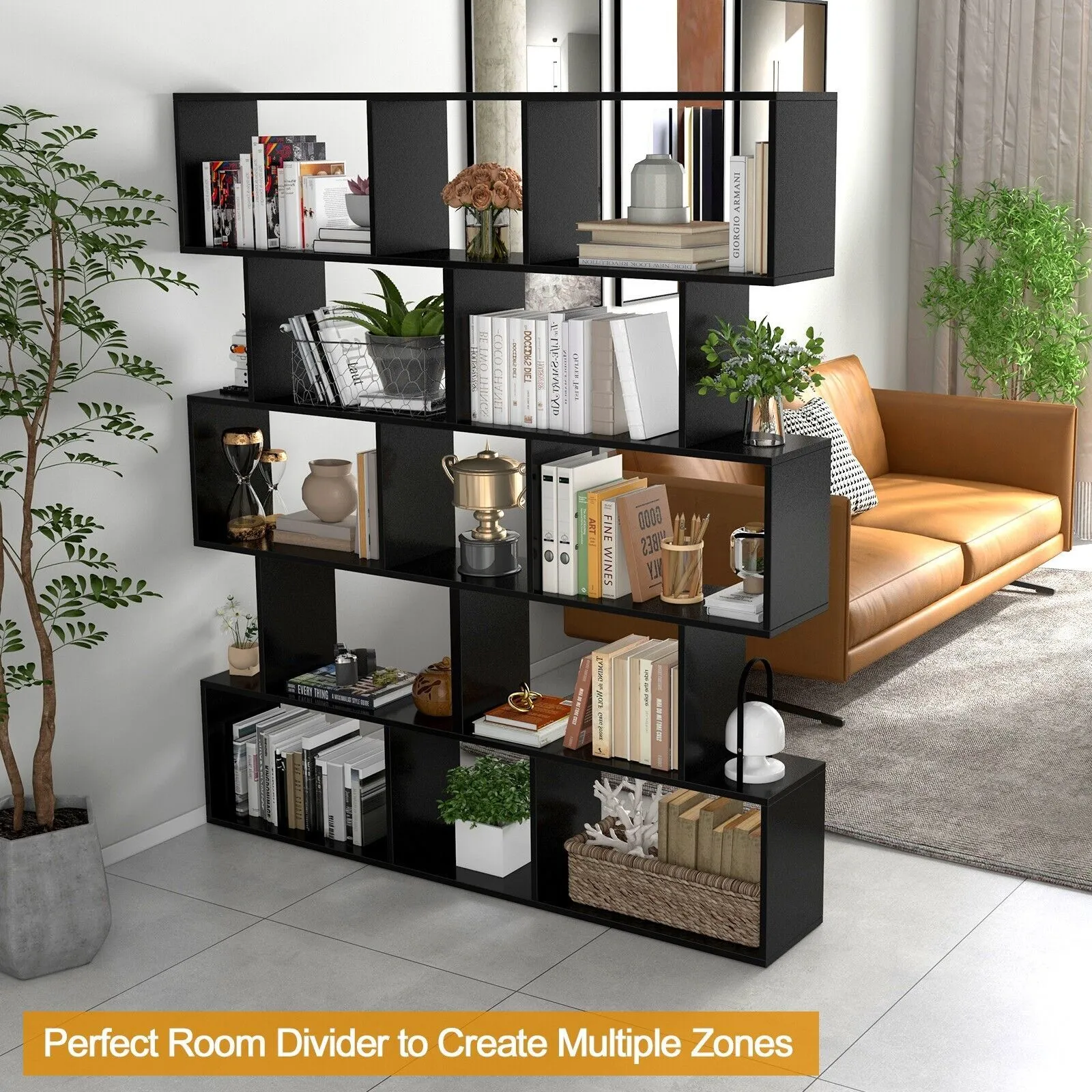 Costway 5-tier Bookcase Anti-Toppling S-Shaped Bookshelf Wooden Storage Display Rack in Black 6