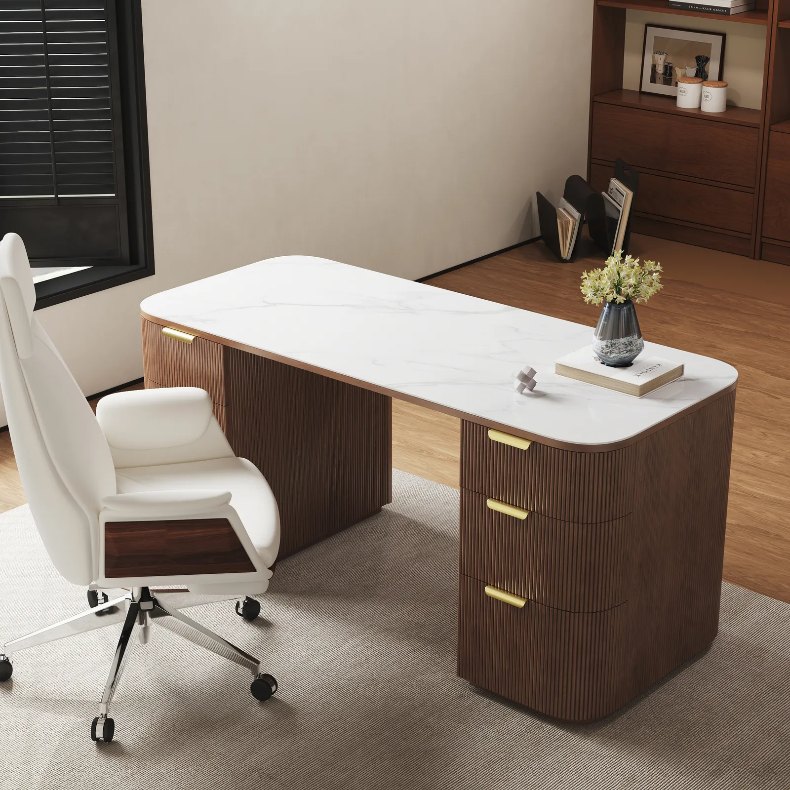 Walnut Ash Wood Rectangular Desk & Reclining Leather Office Desk Chair (63.8")