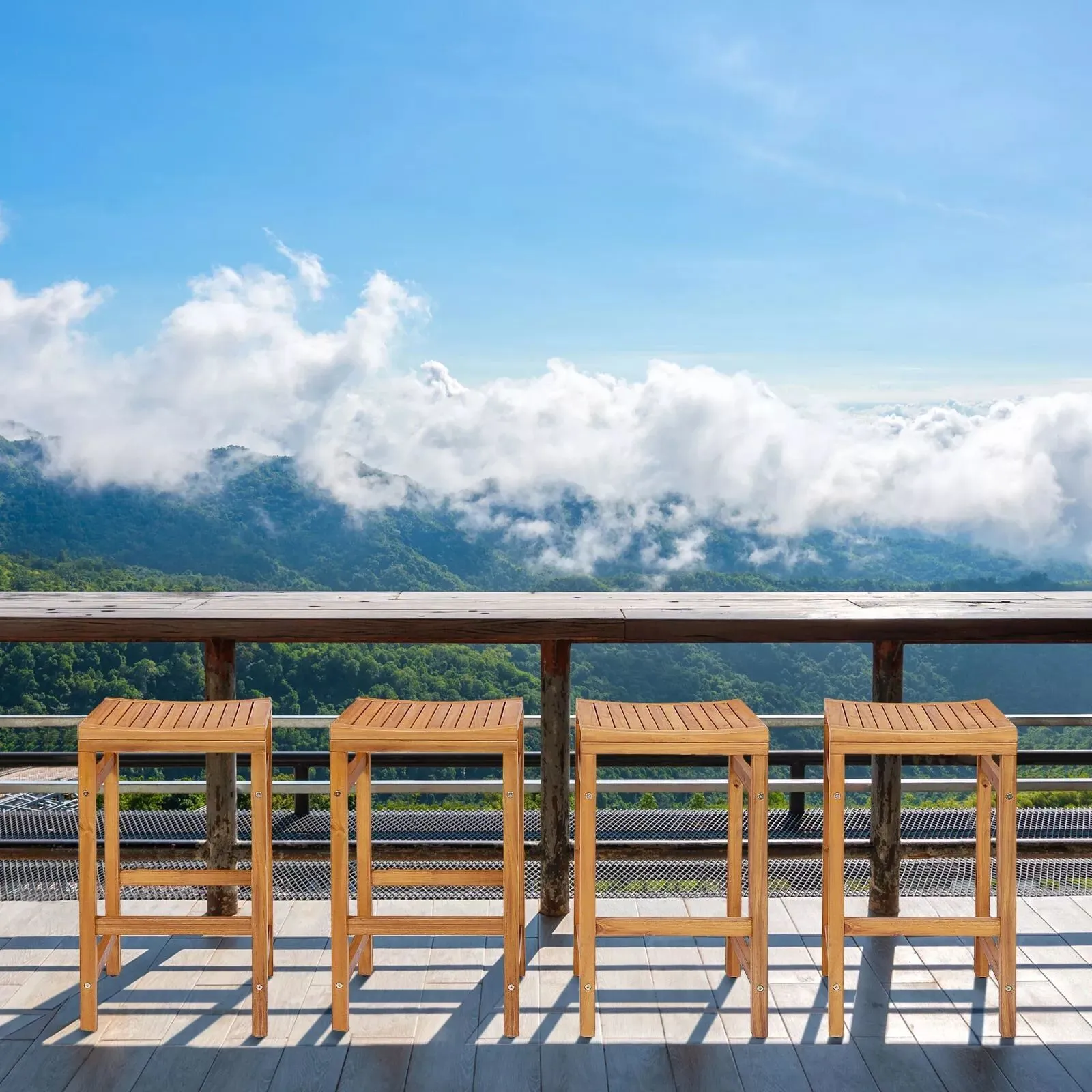 Costway Outdoor 76cm Height Bar Chair 2Pcs Patio Acacia Wood Bar Stool Set in Natural 3