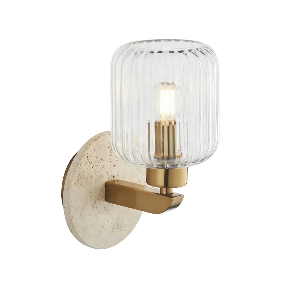 Netlighting Travi Ribbed Wall Lamp Beige Marble Vintage Brass & Ribbed Glass E14
