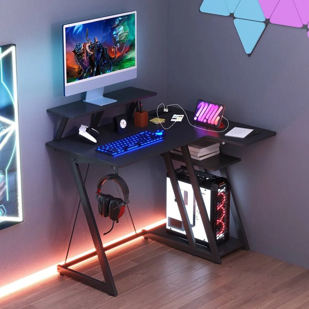 Costway L-Shaped Gaming Desk Small Computer Desk w/ Monitor Shelf & Outlets in Black 3
