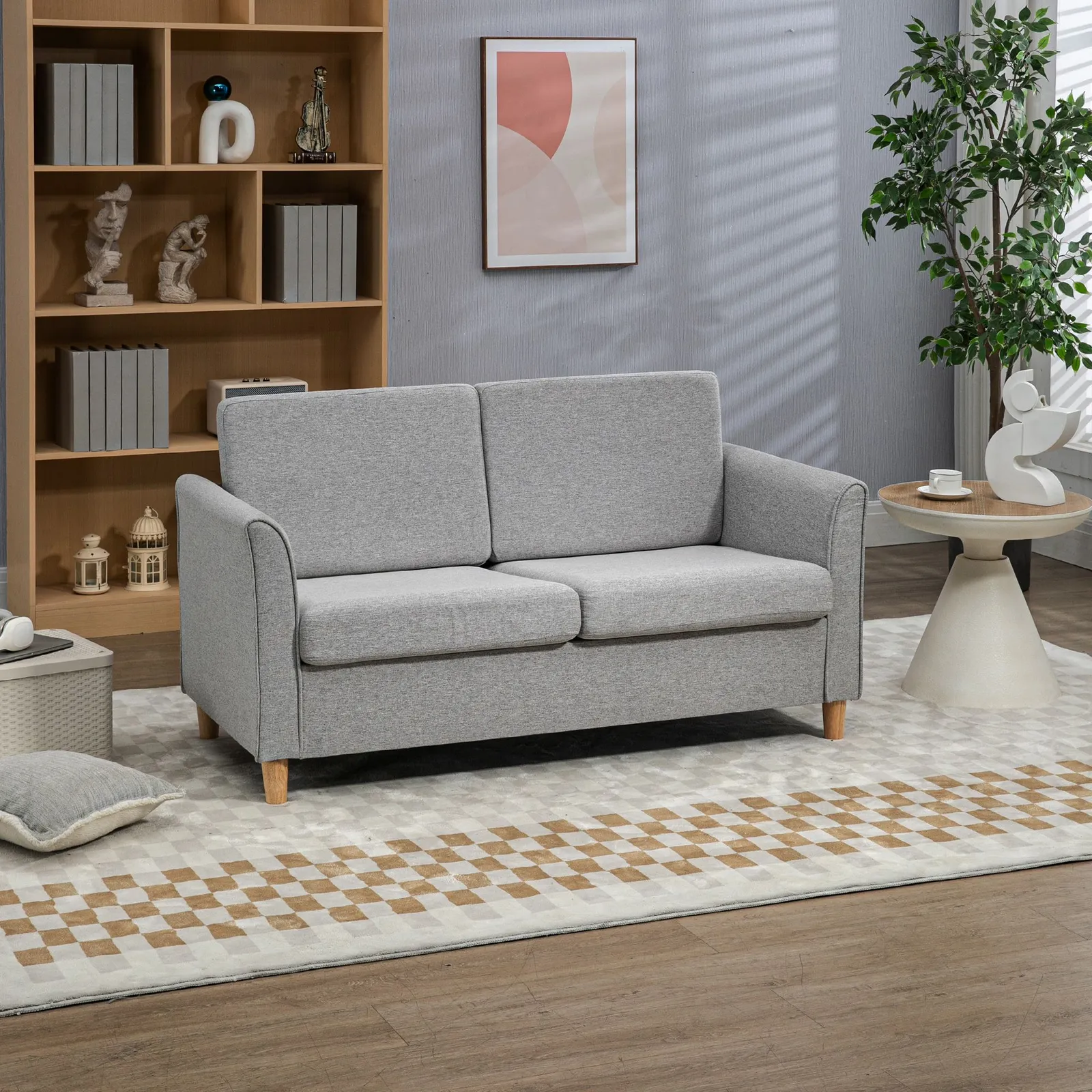 HOMCOM Double Seat Sofa Linen Upholstery Loveseat Couch w/ Armrests in Light Grey