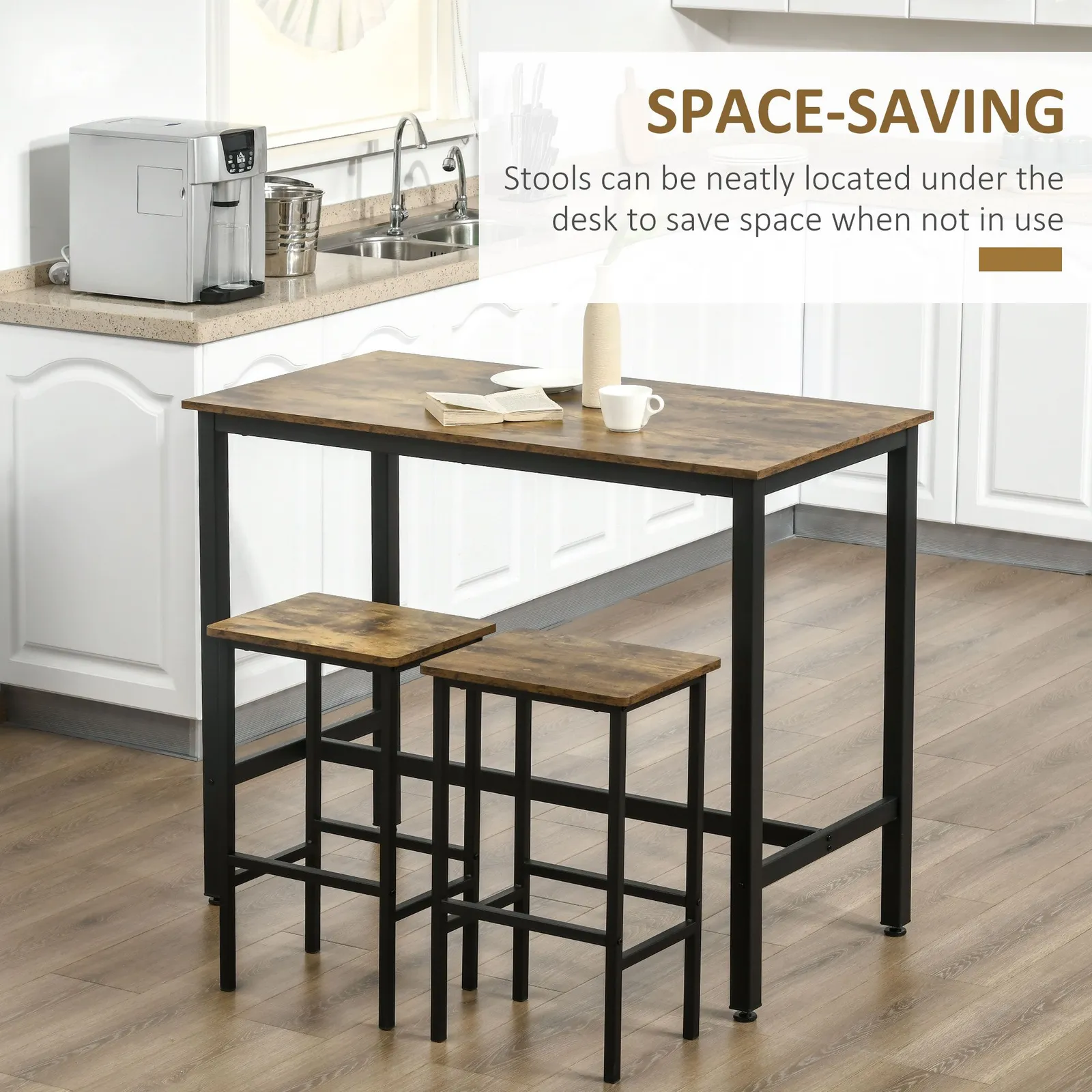 HOMCOM 3 Piece Industrial Bar Table Set Breakfast Table with 2 Stools in Brown 6