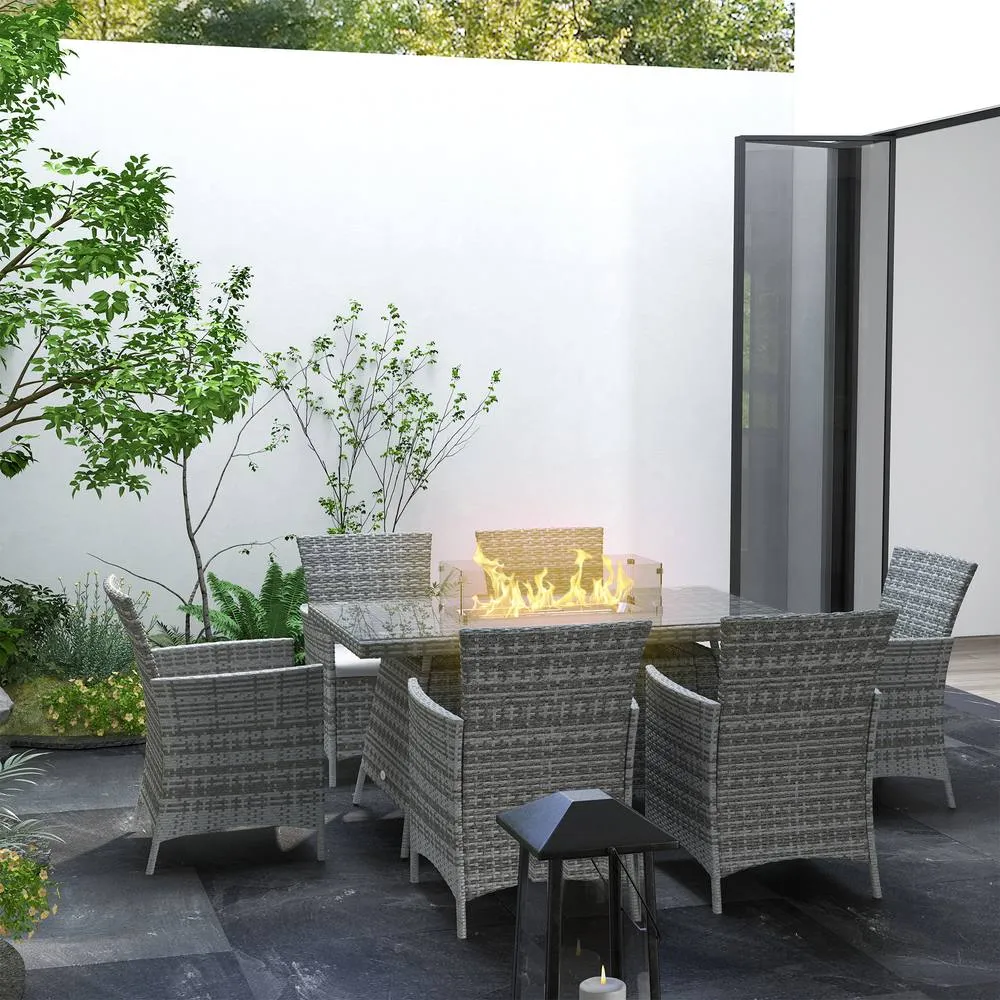 OUTSUNNY Rattan Dining Set with Fire Pit Table & Armchairs, Grey