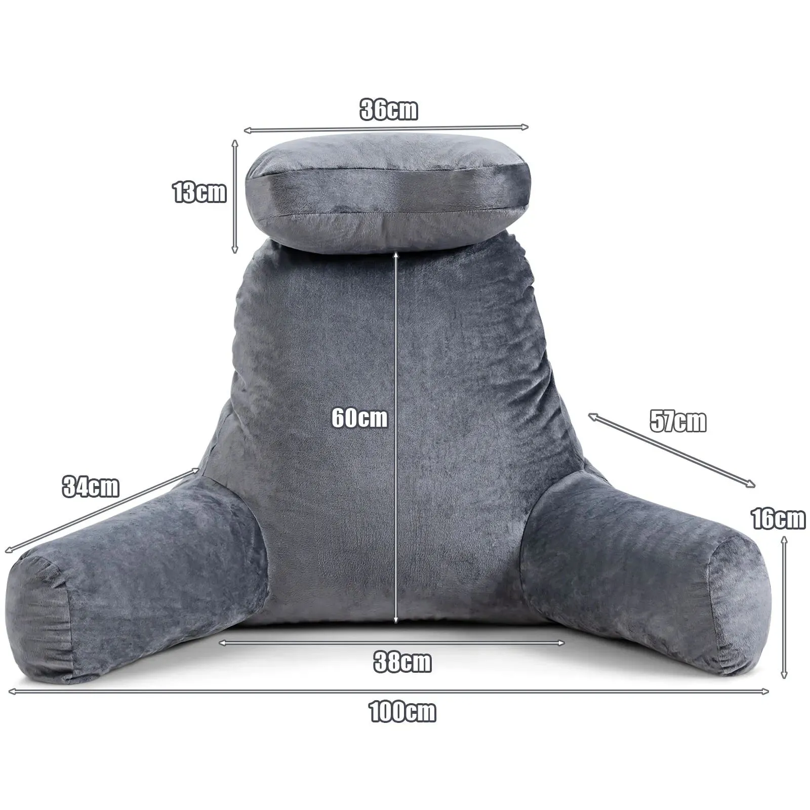 Costway Big Bed Rest Pillow Soft Back Support with Support Arms Relaxing Gaming Reading in Grey 2