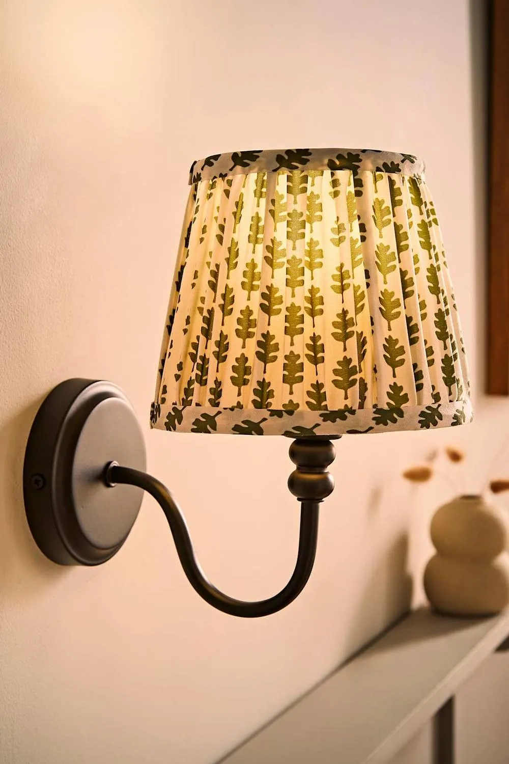 ValueLights Binky Pair of Rechargeable Black Wall Lights & Floral Pleated Shades in Pale Green 3