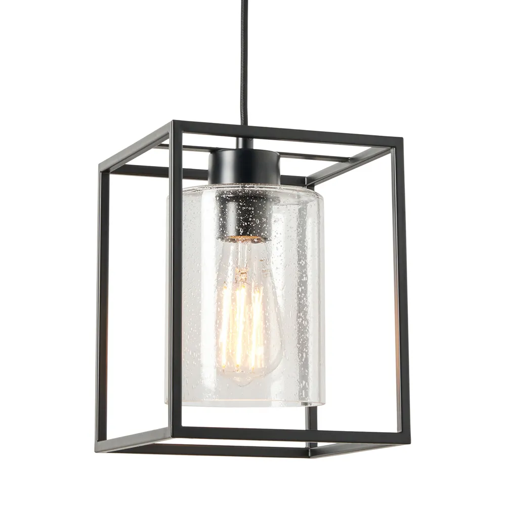 Hardy Cage Ceiling Pendant with Bubble Glass Shade, Matte Black