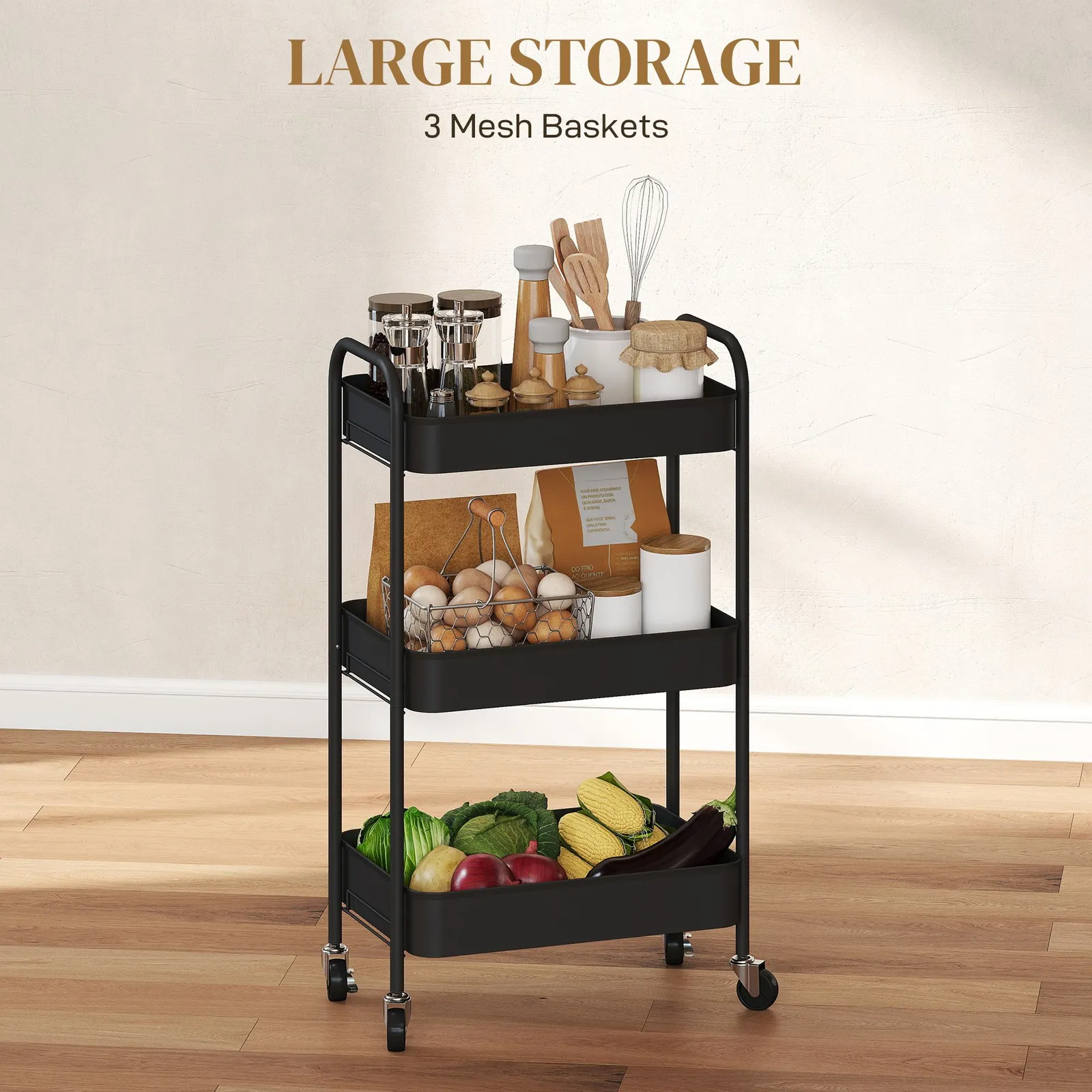 HOMCOM 3 Tier Rolling Utility Cart with 3 Mesh Basket in Black 4