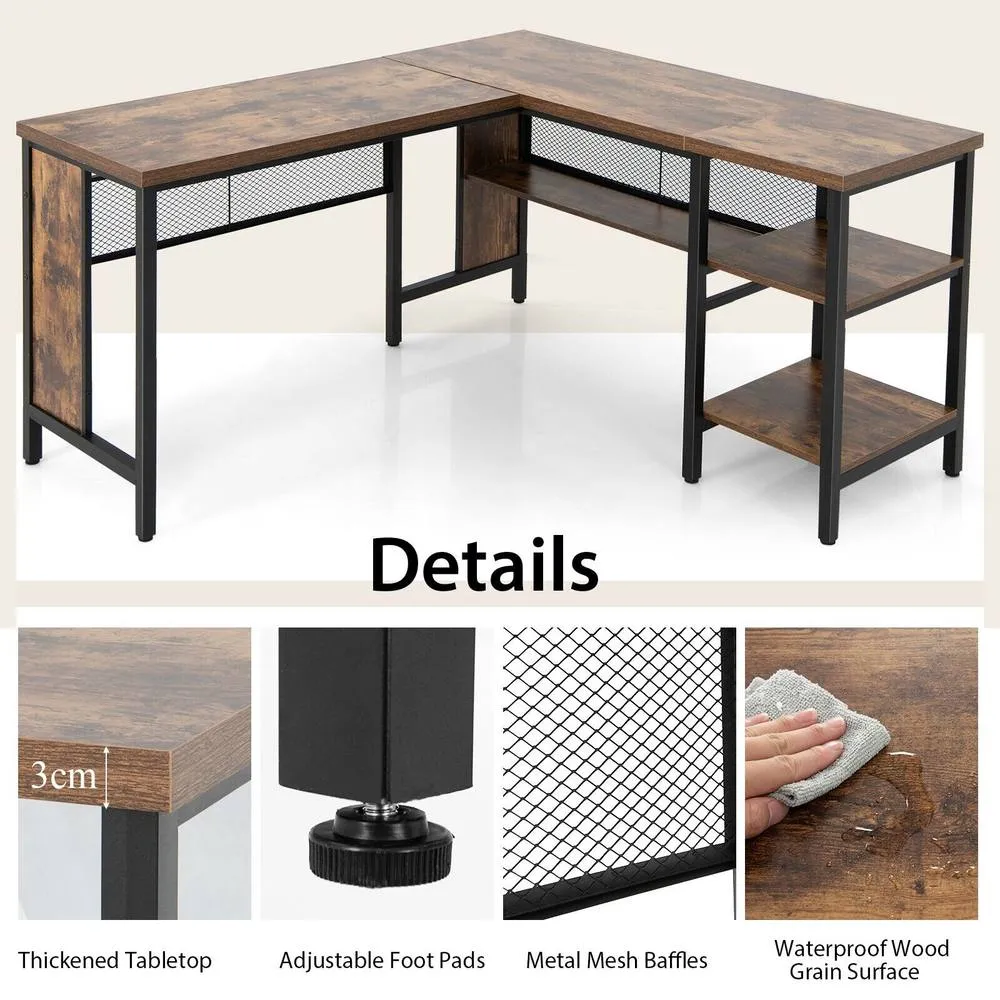 Costway L-Shaped Corner Computer Desk 150cm Large Corner Desk Workstation 2-Tier Shelves in Brown 6