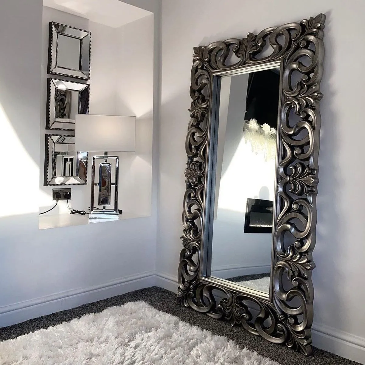 Melody Maison Large Baroque-style Silver Wall / Floor Mirror 90cm X 168cm 6