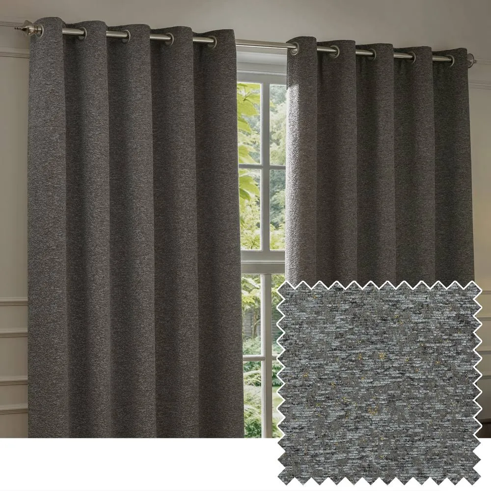 Paoletti Galaxy Velvet Chenille Eyelet Curtain Pair in Charcoal 1