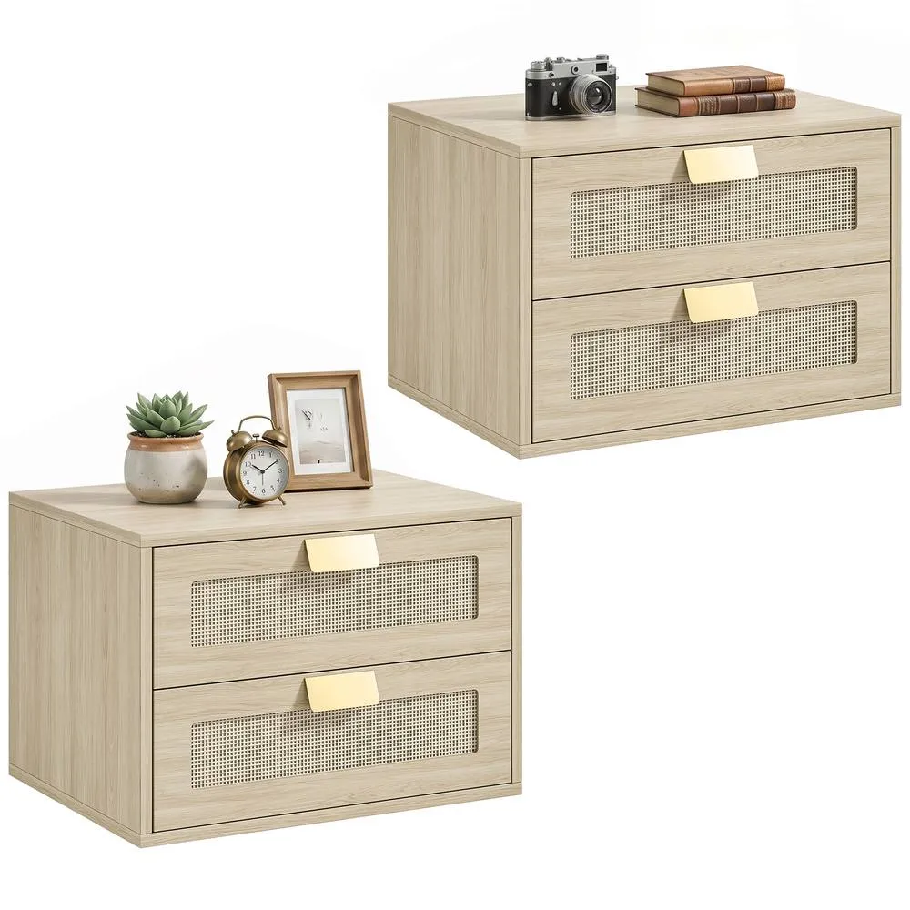 HOMCOM Modern Floating Nightstands Set of 2, 2 Drawers Bedside Tables, Oak in Natural