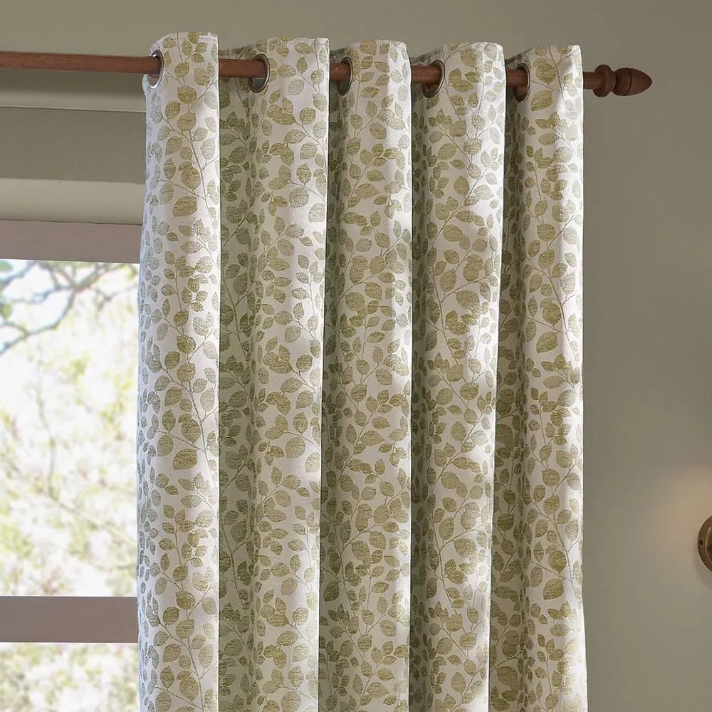 Wylder Grace Leaf Jacquard Fully Lined Eyelet Curtain Pair in Pale Green 4
