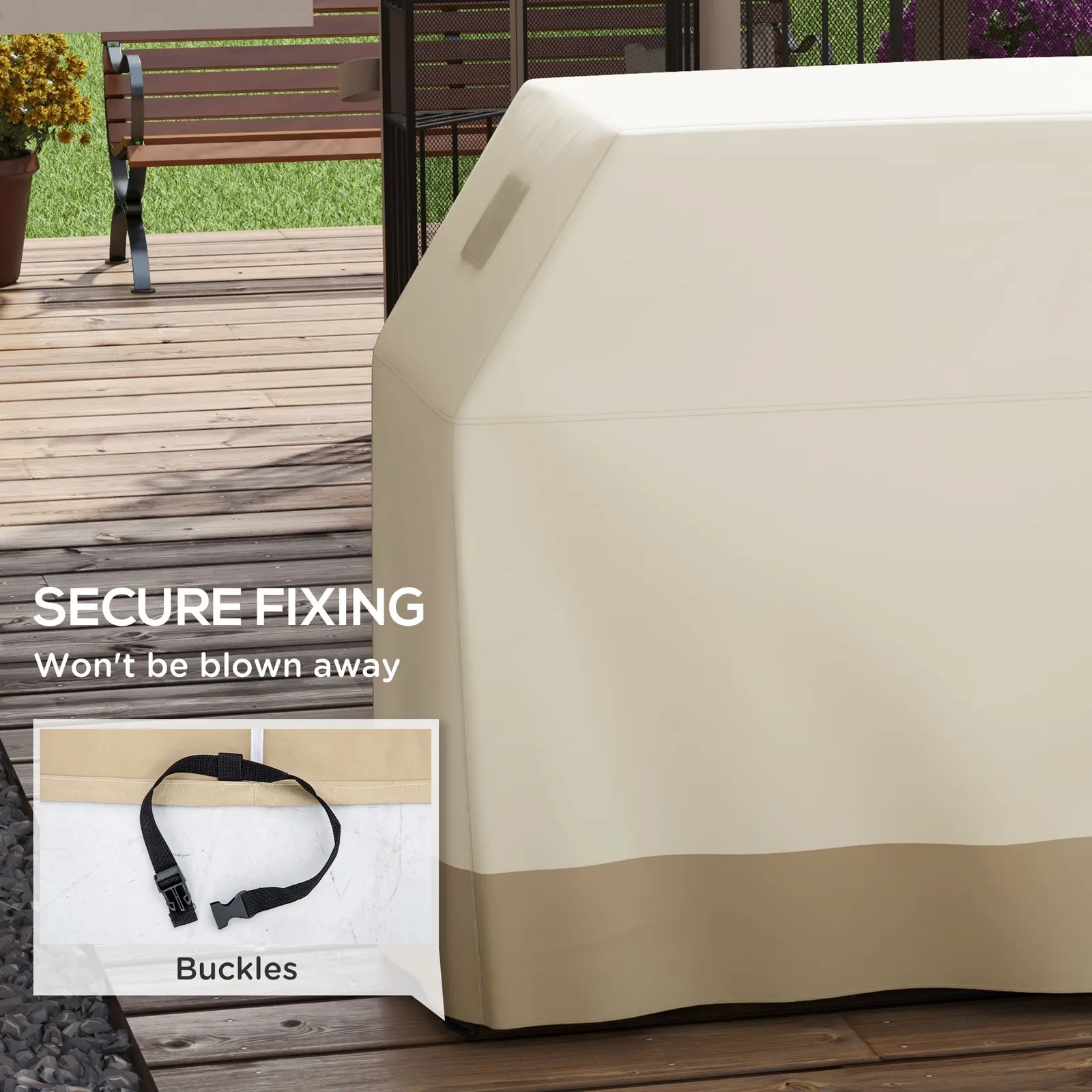 OUTSUNNY BBQ Cover for Rectangular Gas Grill, 300D Oxford Fabric Barbecue Covers with Windproof Buckles in Beige 6