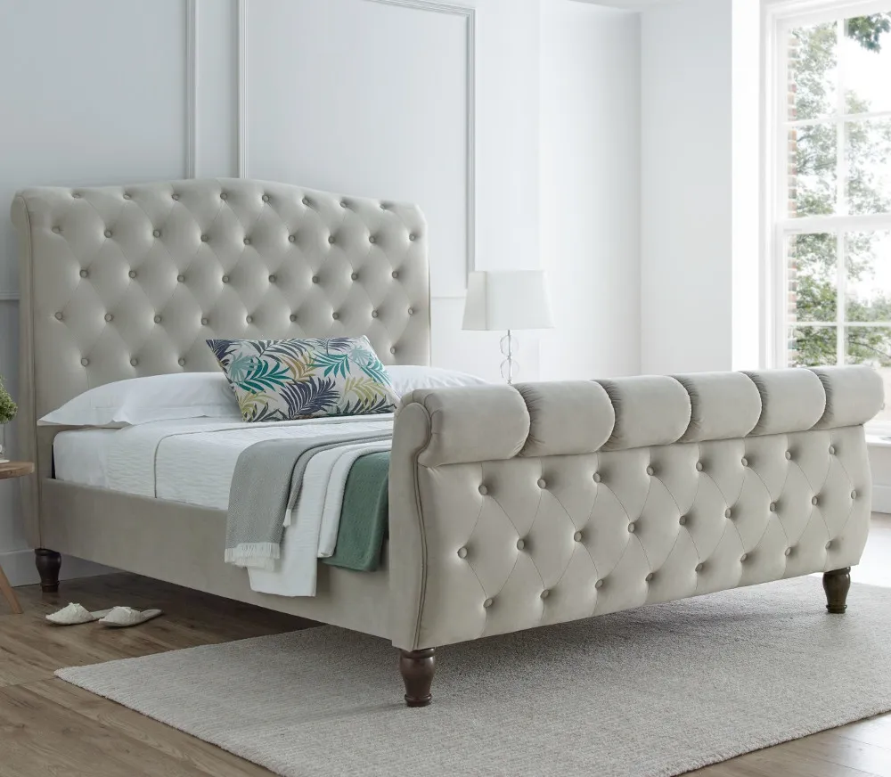 Colorado Warm Stone Velvet Fabric Sleigh Bed Frame - 6ft Super King Size