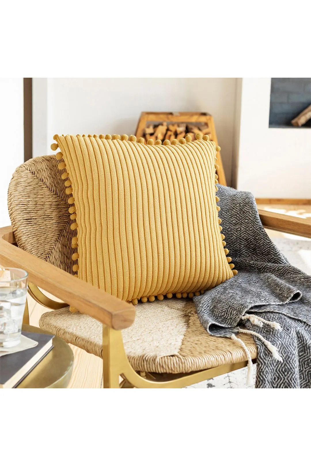 Living and Home Polyester Cushion Cover with Pom-Pom Trim in Yellow
