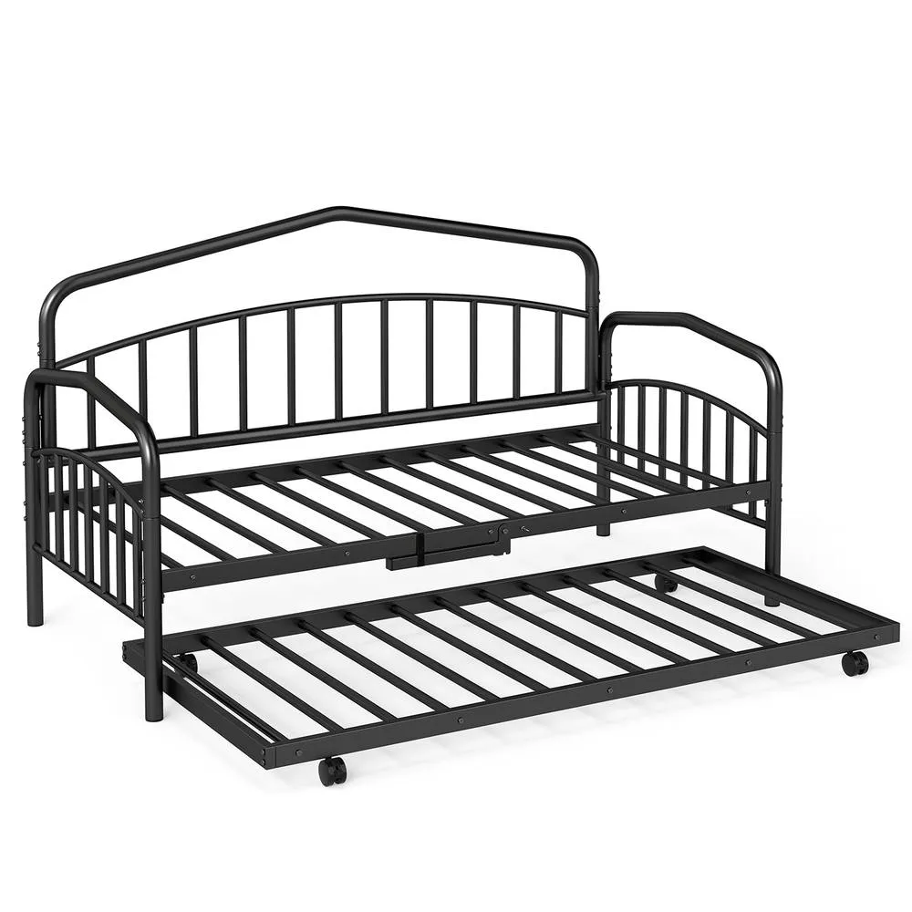 Costway Single Daybed with Rolling Pull Out Trundle No Box Spring Needed in Black