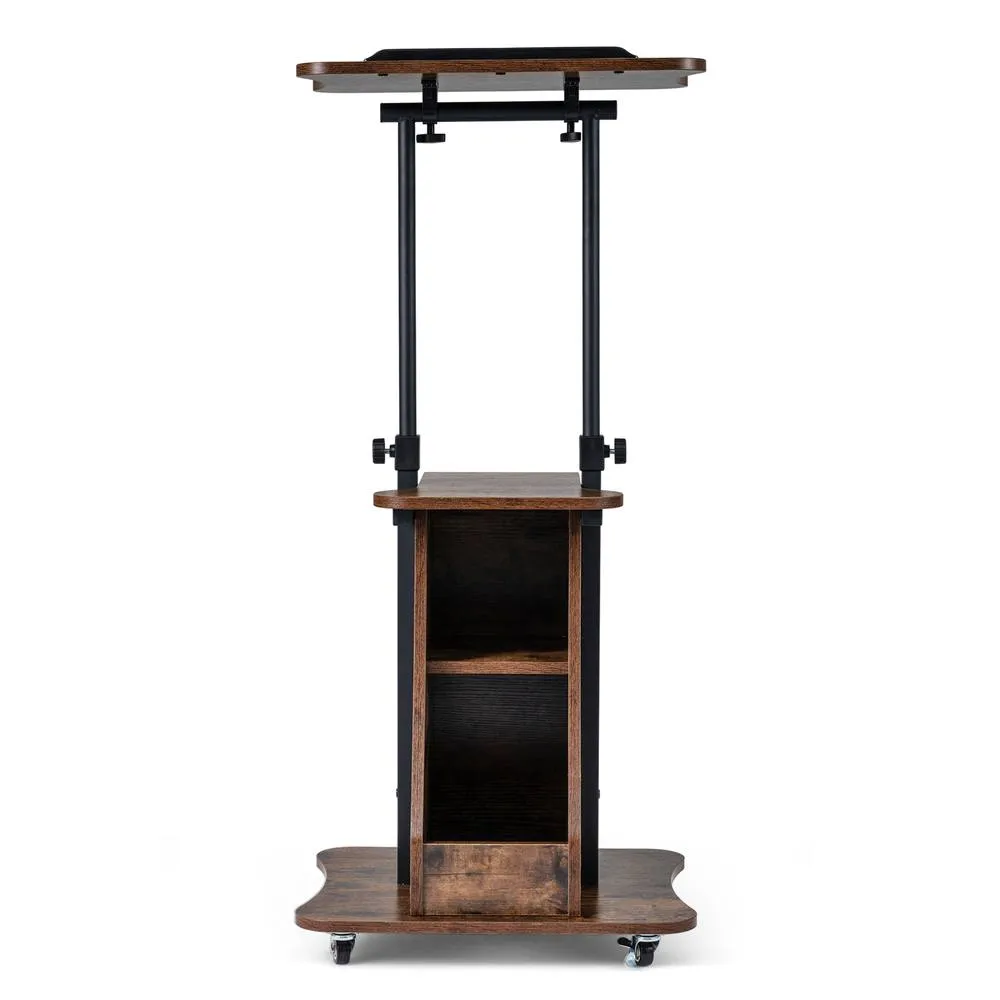 Costway Height Adjustable Podium Stand on Wheels with Rustic Brown/Black Wood in Brown 2