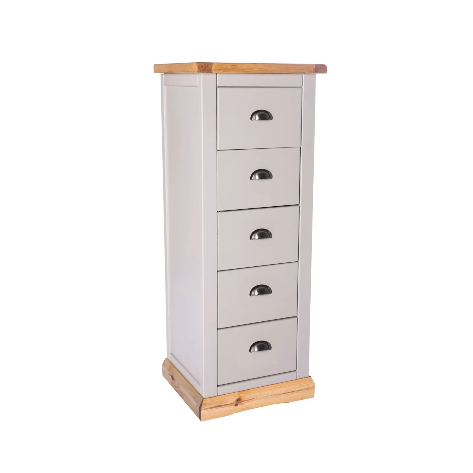 Cabinet Bits Bomporto 5 Drawer Narrow Chest of Drawers Chrome Cup Handle in Light Grey 2
