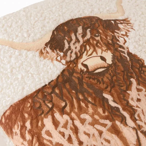 HexGuard Evans Boucle Highland Cow Embroidered Cushion Natural 45 X 45Cm, Cream 2