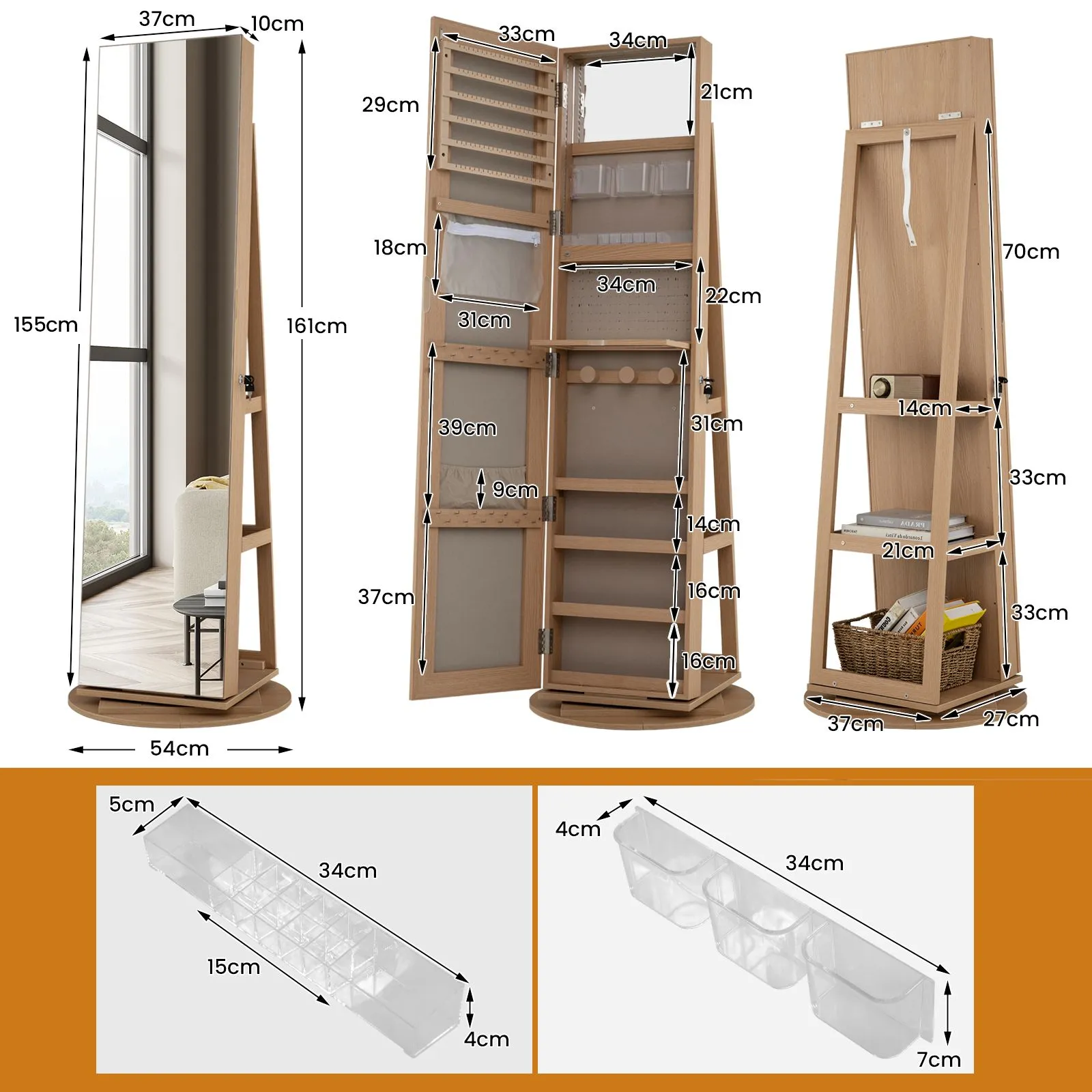 Costway 360° Rotating Jewelry Armoire Standing Jewelry & Makeup Cabinet in Natural 2