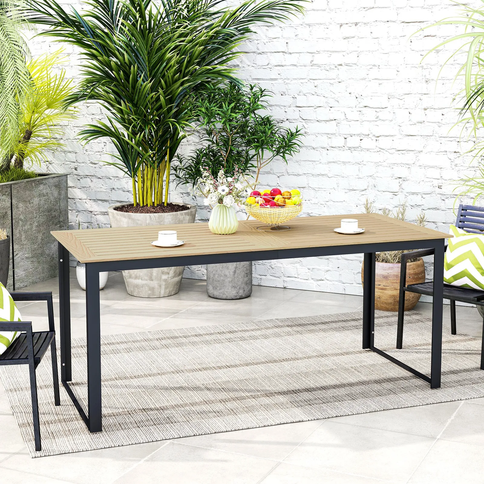 OUTSUNNY Garden Dining Table for 6 People with Slatted Table Top Metal Frame in Light Brown