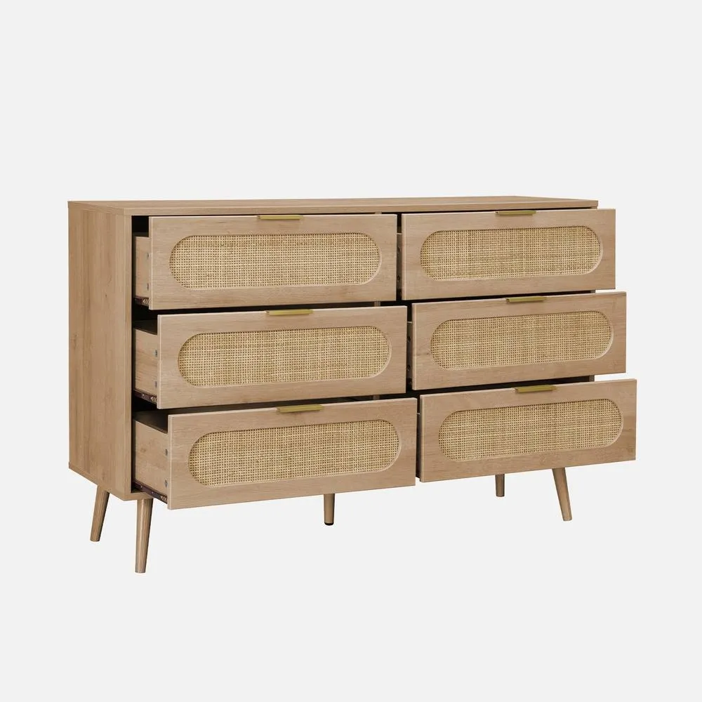 sweeek Wood & Rounded Cane Chest Of Drawers 6 Drawers in Light Brown 2