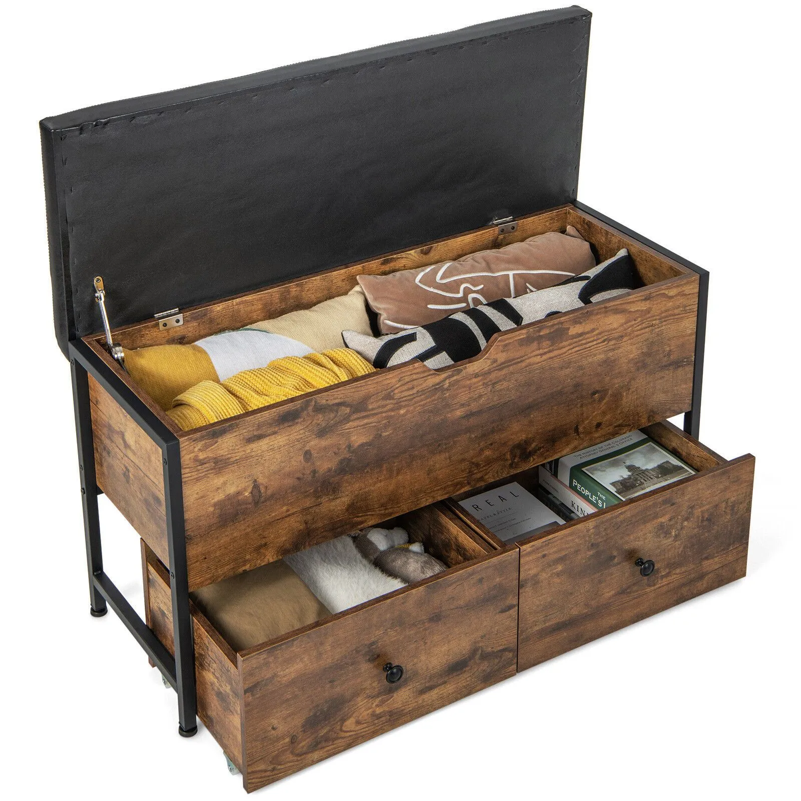 Costway Storage Ottoman Bench Flip Top Storage Chest with 2 Drawers Wooden Storage Bench in Brown 3